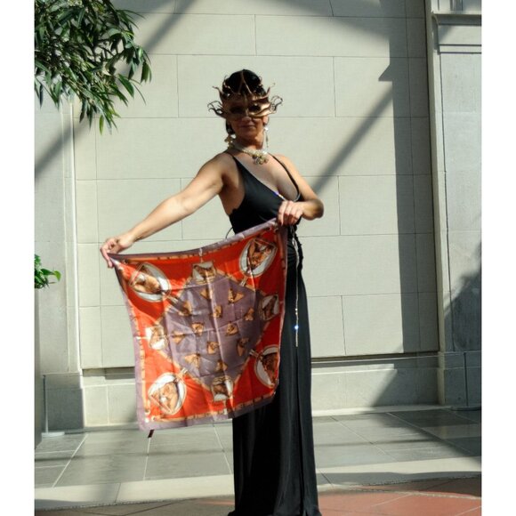 Vintage Horse Print Square Scarf Orange & Purple All Acetate Made In Japan - Picture 1 of 6